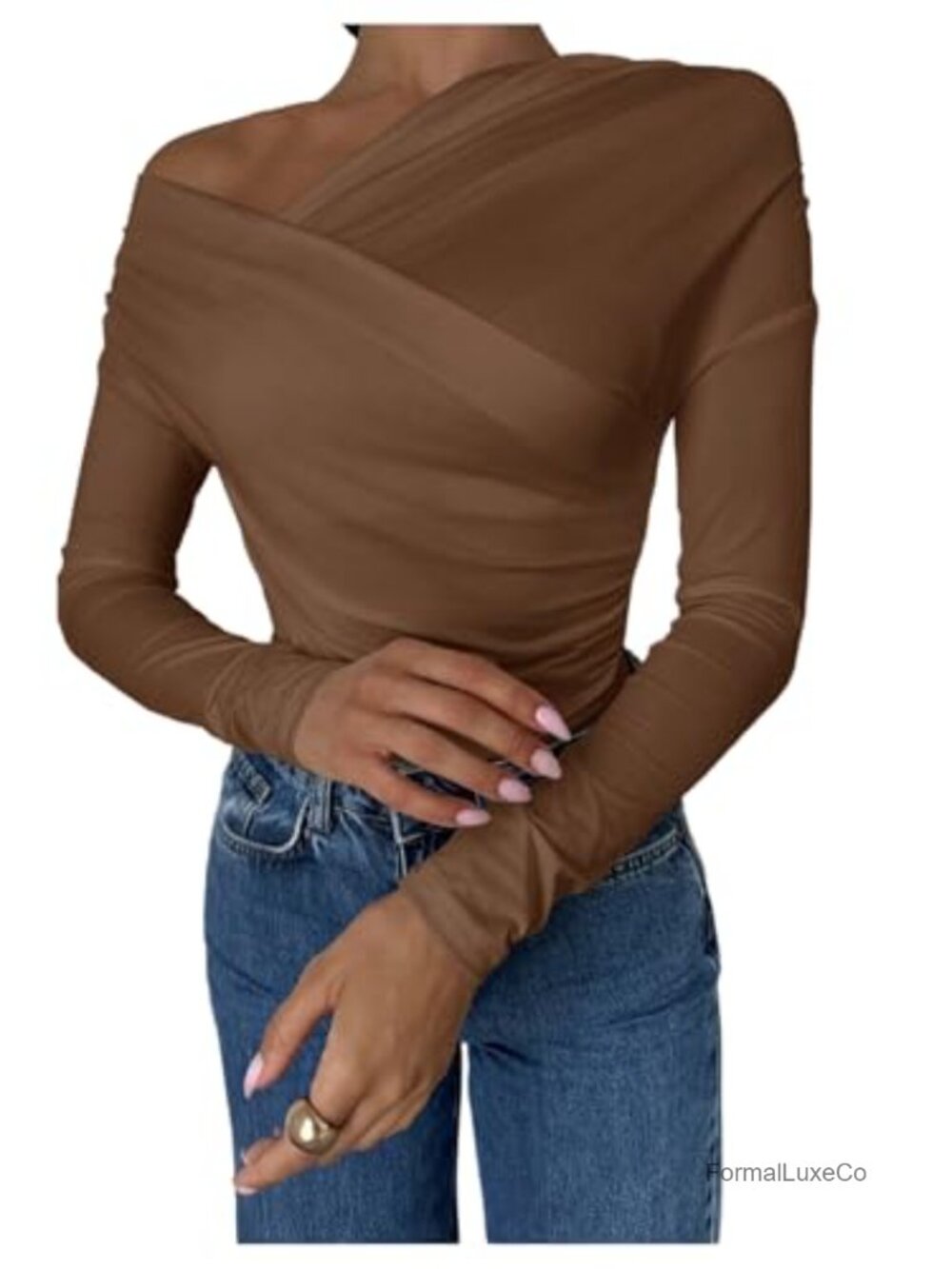 Ruched One Shoulder Top Cross Wrap Neck Long Sleeve Slim Fit Tee